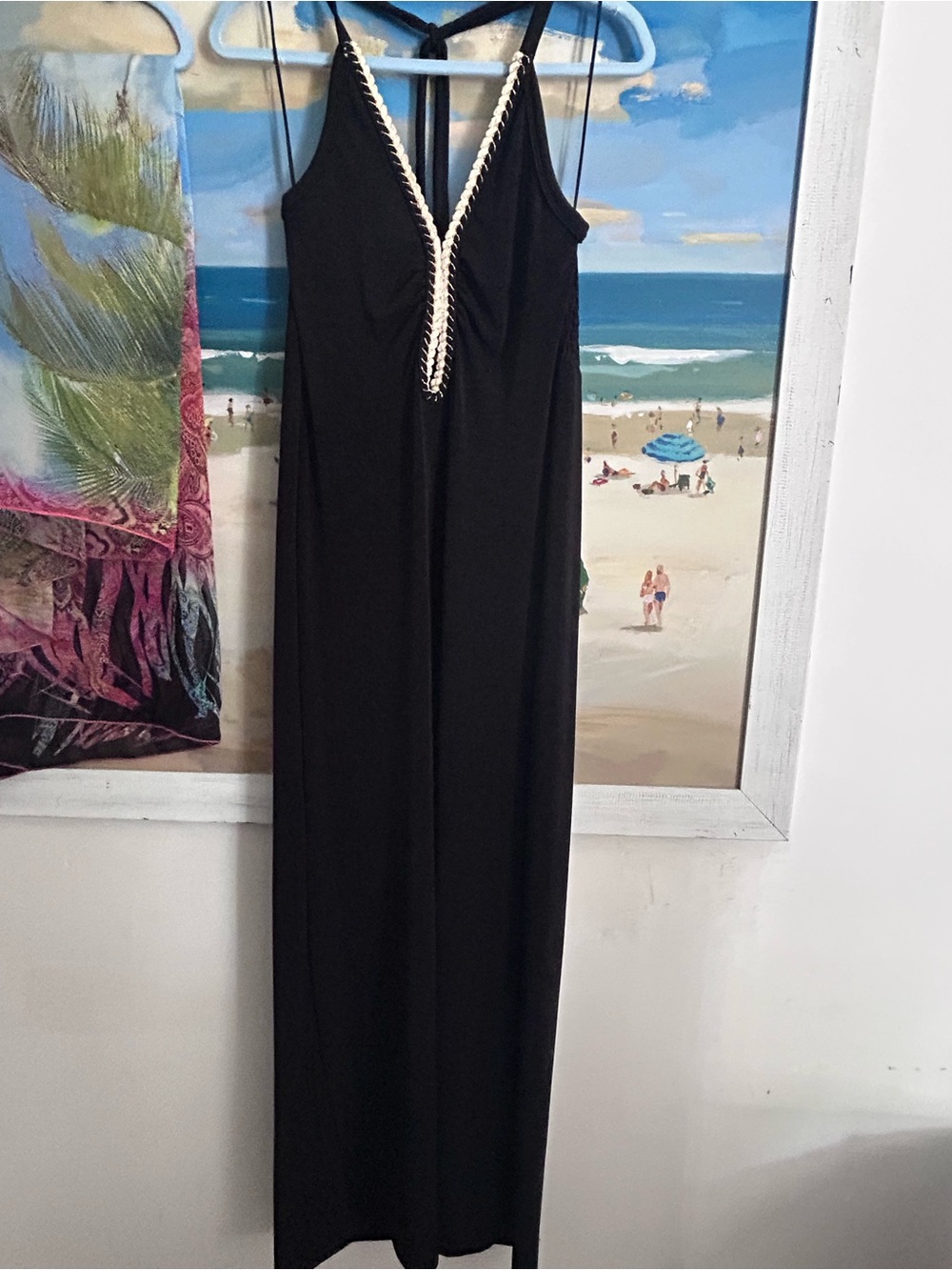 Black Maxi Halter Dress with White Trim V-Neck Stretchy XL